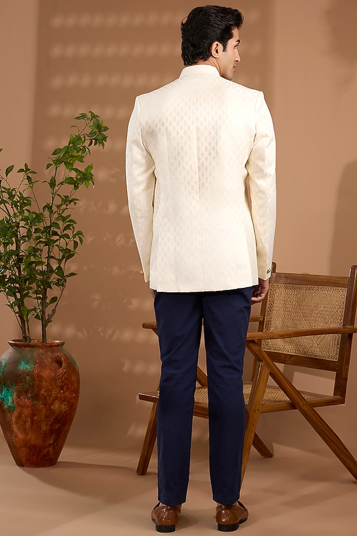Cream Blended Silk Embroidered Bandhgala by Spring Break Men at Pernia's Pop Up Shop