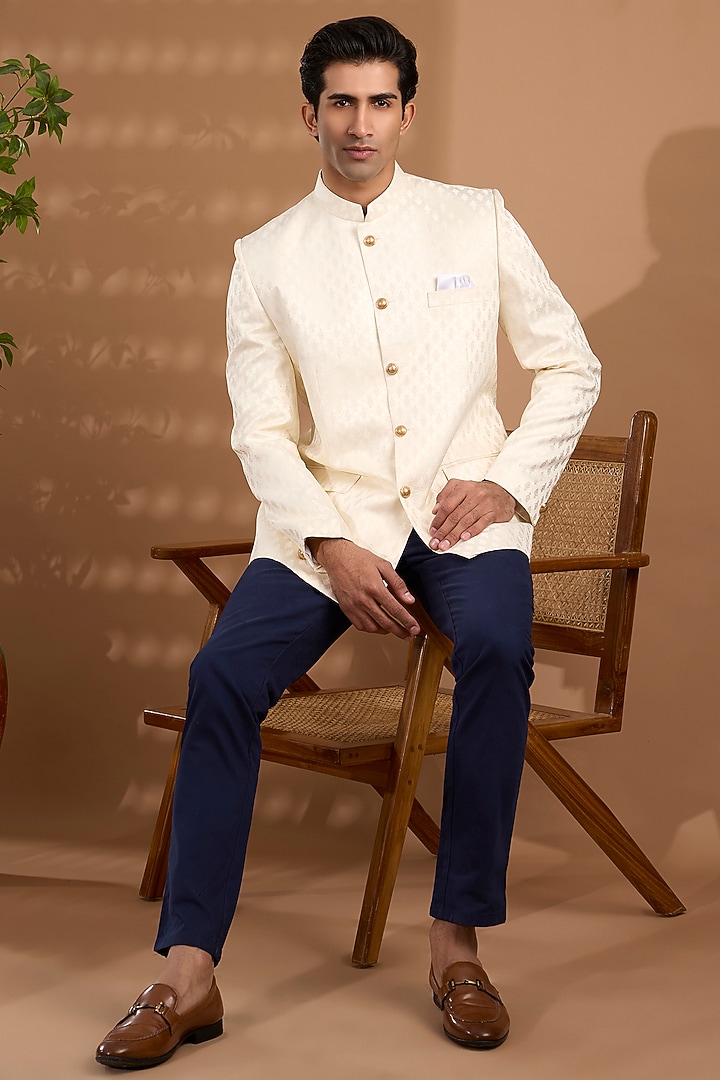 Cream Blended Silk Embroidered Bandhgala by Spring Break Men at Pernia's Pop Up Shop