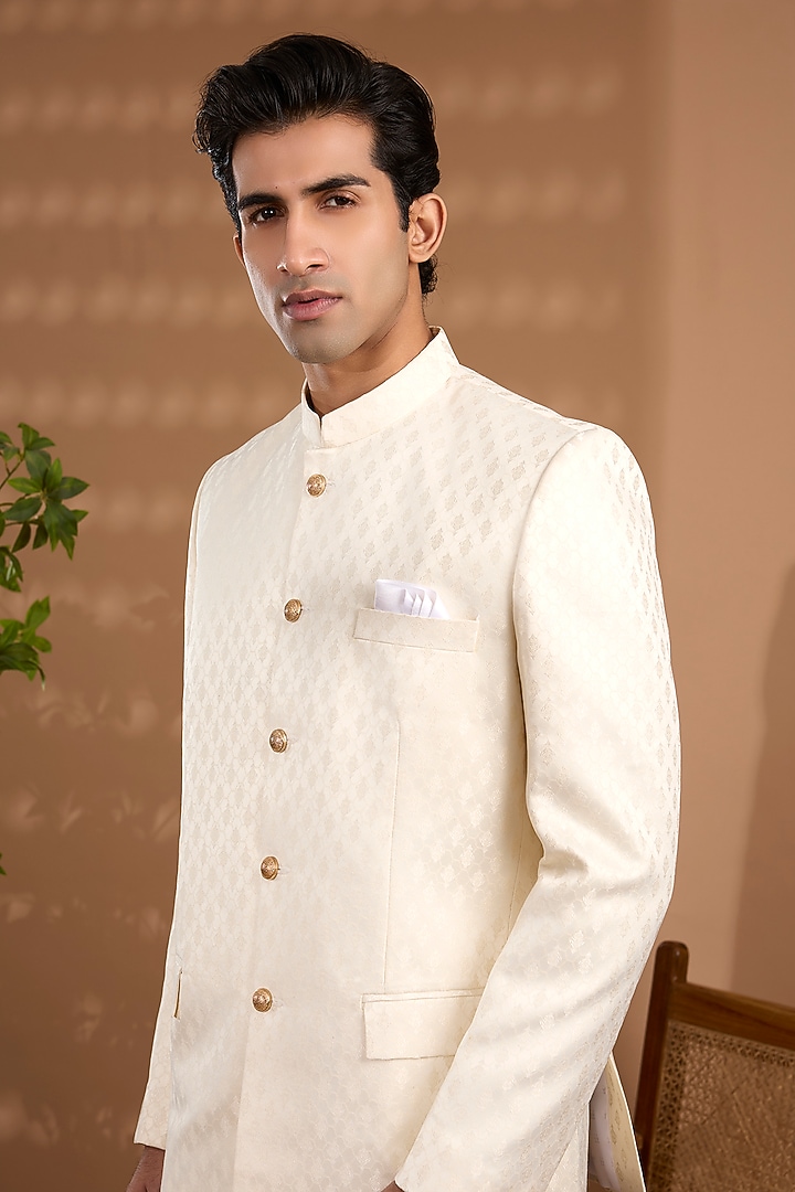 Cream Blended Silk Embroidered Bandhgala by Spring Break Men at Pernia's Pop Up Shop
