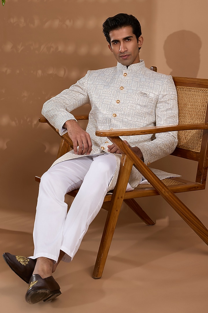 White Blended Silk Embroidered Wedding Sherwani Set by Spring Break Men at Pernia's Pop Up Shop