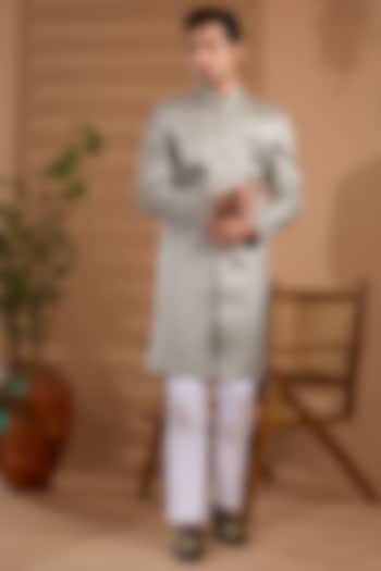 Light Grey Blended Silk Embroidered Wedding Sherwani Set by Spring Break Men at Pernia's Pop Up Shop