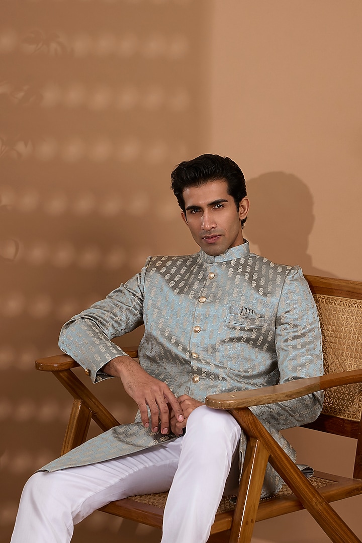Light Grey Blended Silk Embroidered Wedding Sherwani Set by Spring Break Men at Pernia's Pop Up Shop
