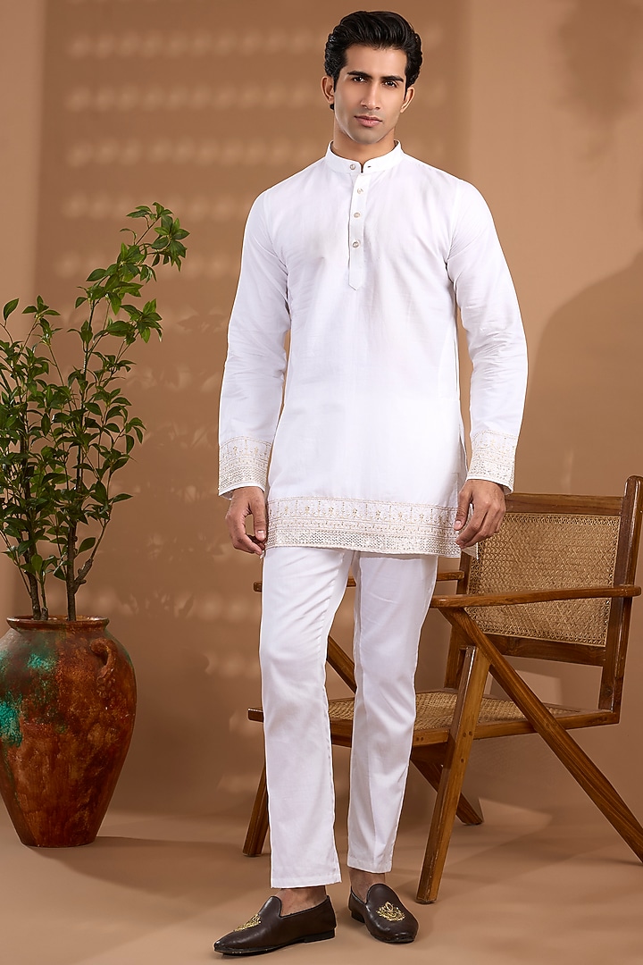 White Cotton Satin Embroidered Kurta Set by Spring Break Men at Pernia's Pop Up Shop