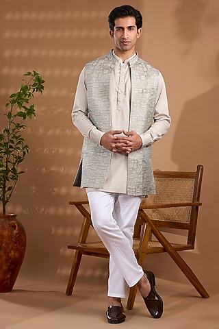 Grey Blended Silk Embroidered Jacket Set by Spring Break Men