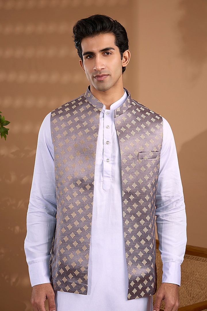 Lilac Blended Silk Embroidered Jacket Set by Spring Break Men at Pernia's Pop Up Shop
