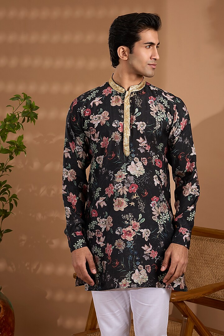 Black Blended Silk Digital Printed Kurta Set by Spring Break Men at Pernia's Pop Up Shop