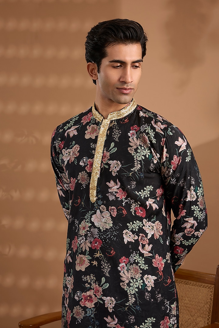 Black Blended Silk Digital Printed Kurta Set by Spring Break Men at Pernia's Pop Up Shop