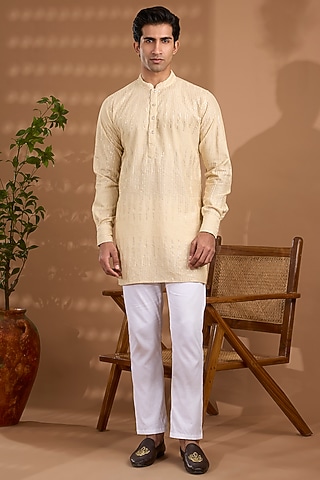 Ivory Blended Silk Sequins Embroidered Kurta Set by Spring Break Men