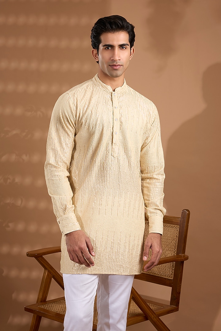Ivory Blended Silk Sequins Embroidered Kurta Set by Spring Break Men at Pernia's Pop Up Shop