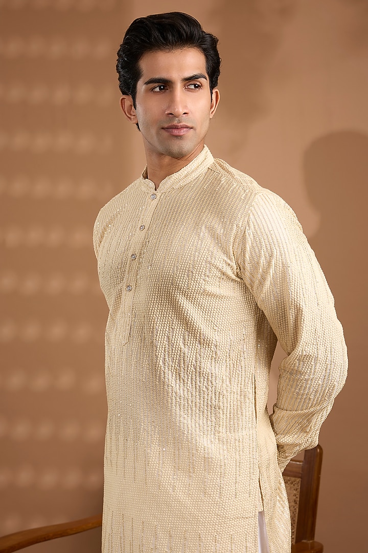 Ivory Blended Silk Sequins Embroidered Kurta Set by Spring Break Men at Pernia's Pop Up Shop