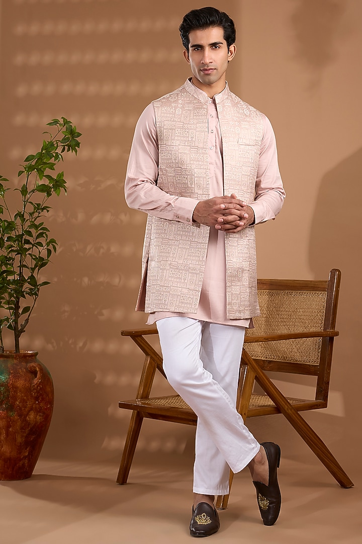 Light Pink Blended Silk Embroidered Indowestern Set by Spring Break Men at Pernia's Pop Up Shop