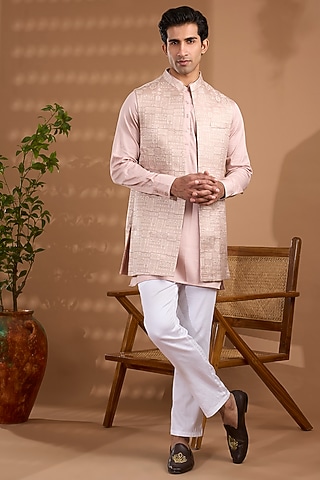 Light Pink Blended Silk Embroidered Indowestern Set by Spring Break Men