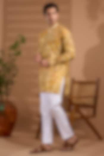 Yellow Blended Silk Embroidered Kurta Set by Spring Break Men at Pernia's Pop Up Shop