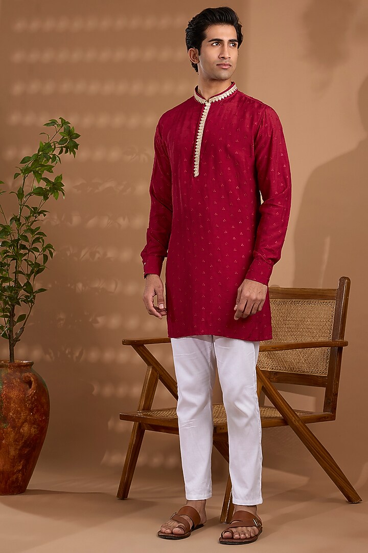 Maroon Blended Silk Embroidered Kurta Set by Spring Break Men at Pernia's Pop Up Shop