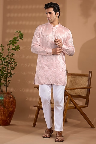 Light Pink Blended Silk Embroidered Kurta Set by Spring Break Men