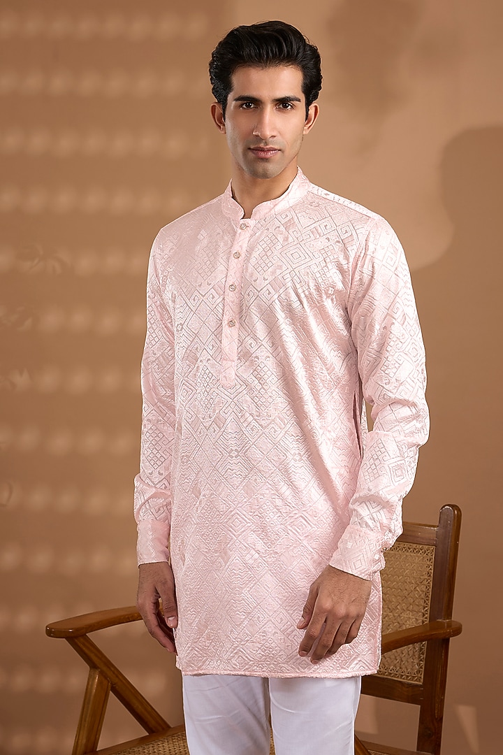 Light Pink Blended Silk Embroidered Kurta Set by Spring Break Men at Pernia's Pop Up Shop