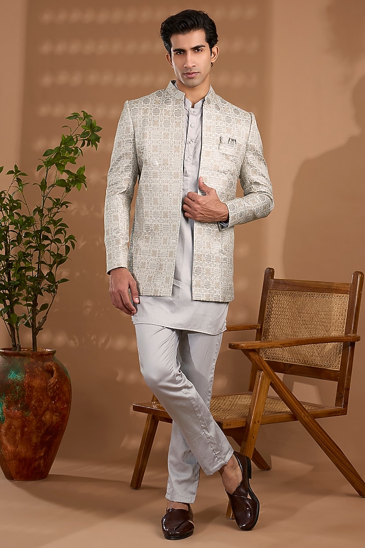 Grey Blended Silk Embroidered Wedding Indowestern Set by Spring Break Men at Pernia's Pop Up Shop