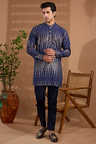 Navy Blue Blended Silk Sequins Embroidered Kurta Set by Spring Break Men