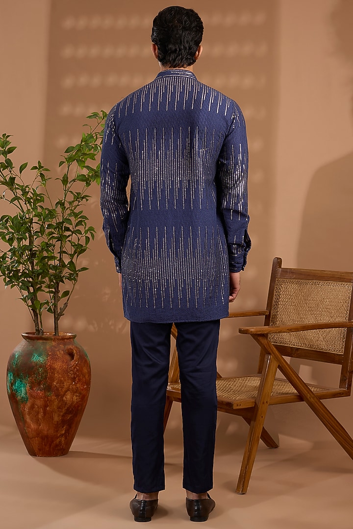 Navy Blue Blended Silk Sequins Embroidered Kurta Set by Spring Break Men at Pernia's Pop Up Shop
