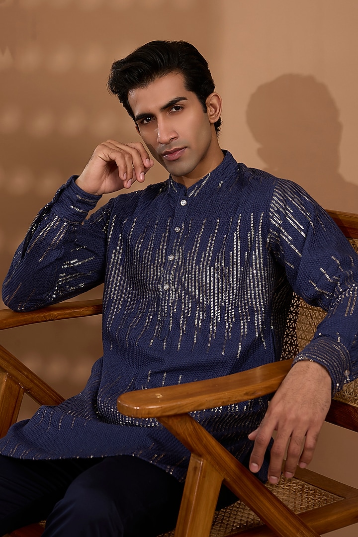 Navy Blue Blended Silk Sequins Embroidered Kurta Set by Spring Break Men at Pernia's Pop Up Shop