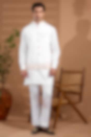 White Blended Silk Embroidered Bundi Jacket Set by Spring Break Men at Pernia's Pop Up Shop