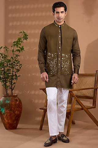 Brown Blended Silk Foil Printed Open Jacket Set by Spring Break Men