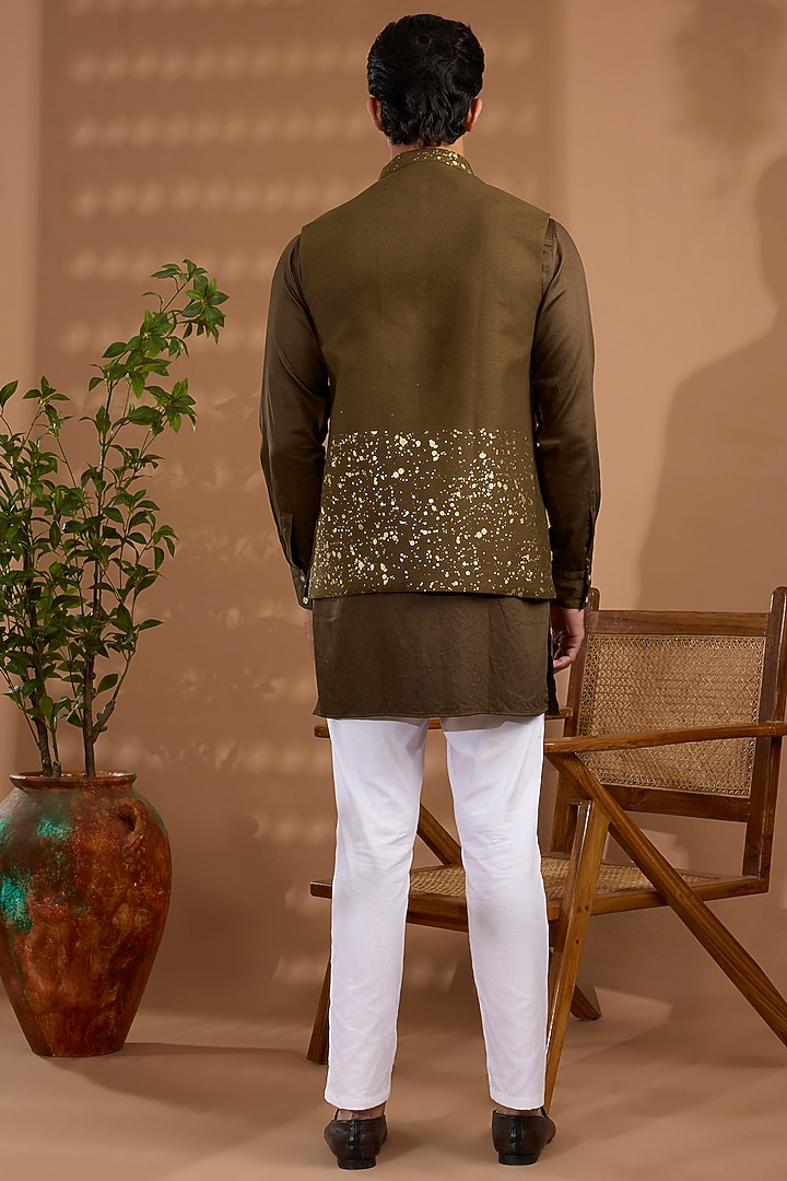 Brown Blended Silk Foil Printed Open Jacket Set by Spring Break Men at Pernia's Pop Up Shop