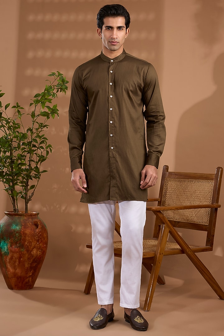 Brown Blended Silk Foil Printed Open Jacket Set by Spring Break Men at Pernia's Pop Up Shop