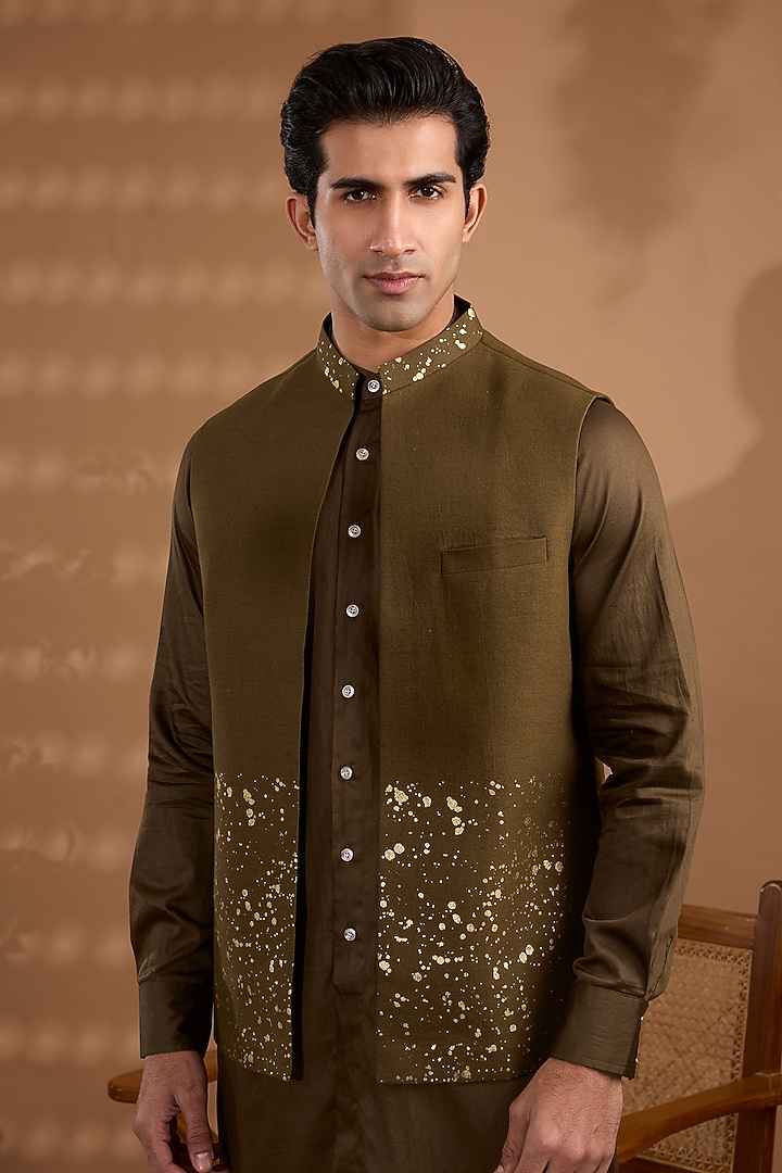 Brown Blended Silk Foil Printed Open Jacket Set by Spring Break Men at Pernia's Pop Up Shop