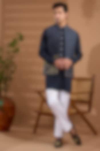 Navy Blue Blended Silk Foil Printed Open Jacket Set by Spring Break Men at Pernia's Pop Up Shop