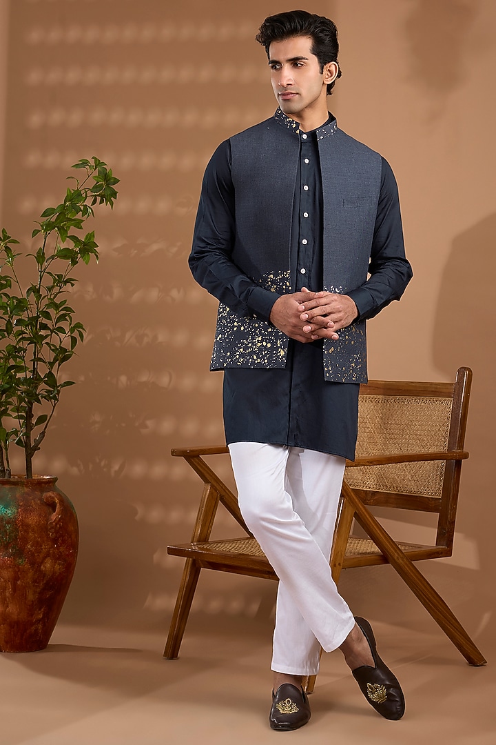 Navy Blue Blended Silk Foil Printed Open Jacket Set by Spring Break Men at Pernia's Pop Up Shop