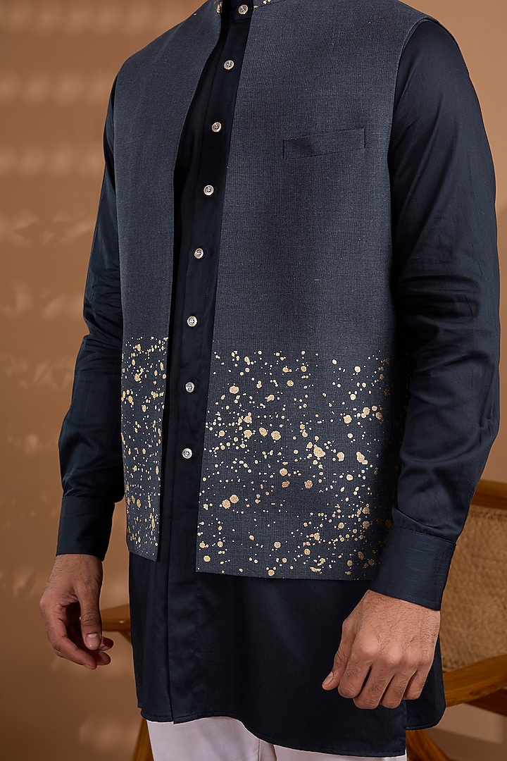 Navy Blue Blended Silk Foil Printed Open Jacket Set by Spring Break Men at Pernia's Pop Up Shop
