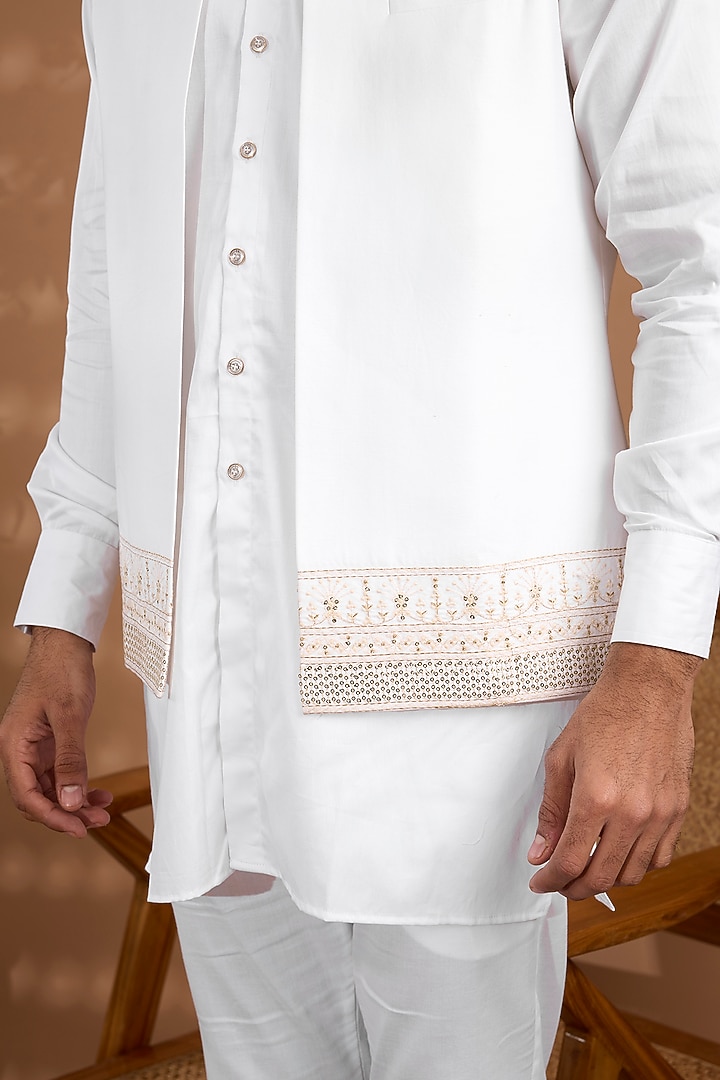 White Blended Silk Embroidered Open Jacket Set by Spring Break Men at Pernia's Pop Up Shop
