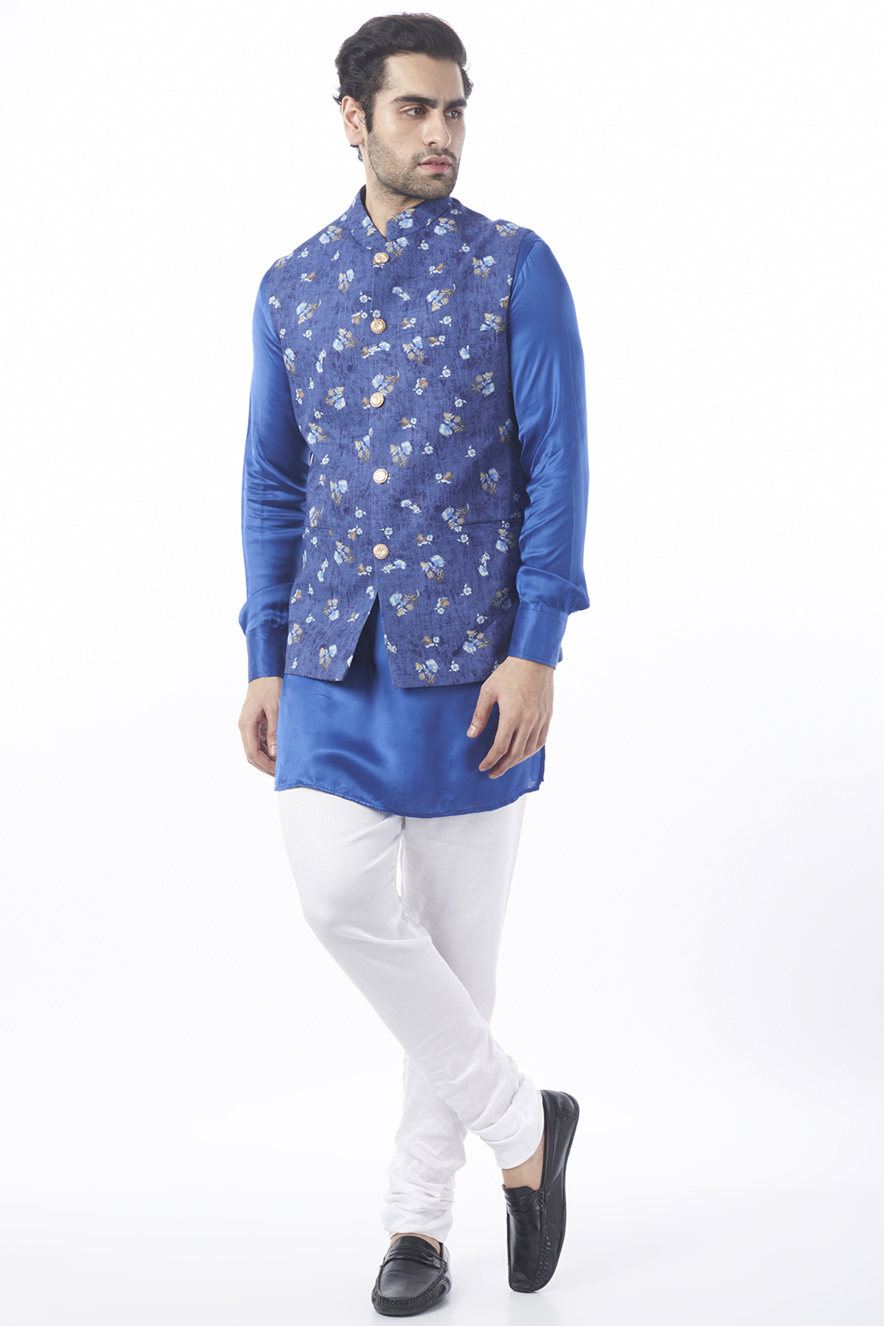 Cobalt Blue Polyester Cotton Floral Printed Bundi Jacket Set by Spring Break Men at Pernia's Pop Up Shop