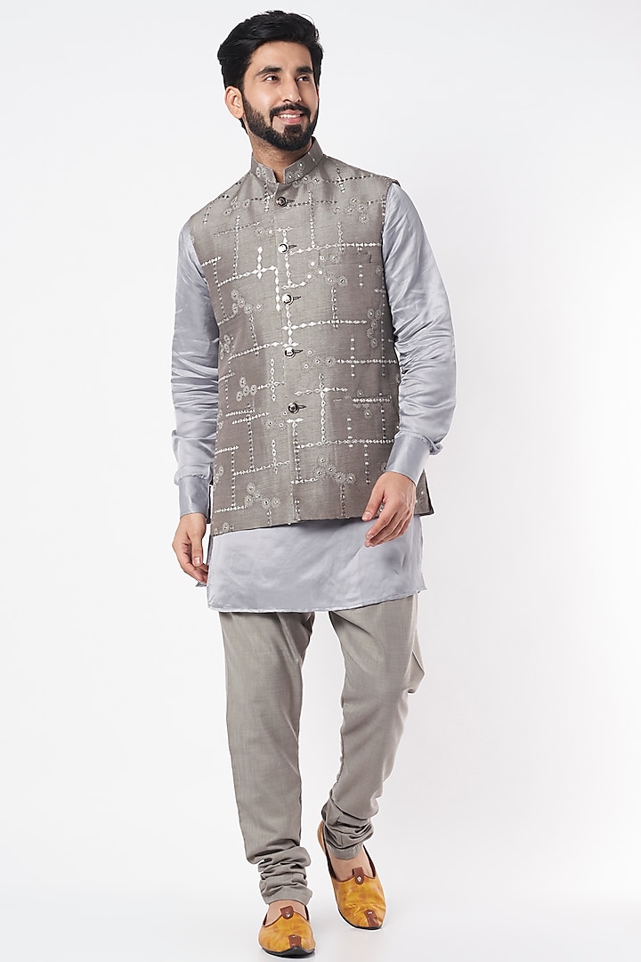 Grey Blended Silk Floral Embroidered Bundi Jacket by Spring Break Men at Pernia's Pop Up Shop