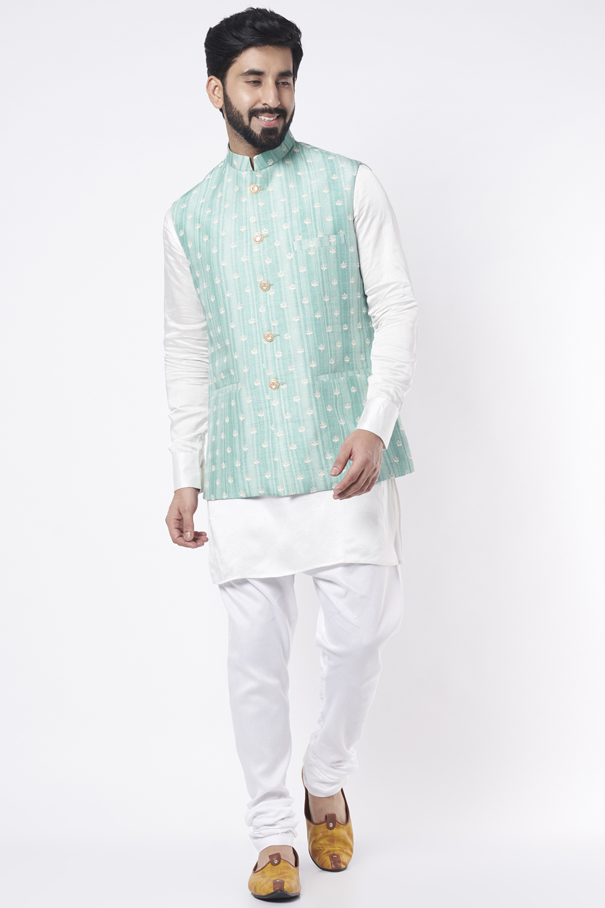 White Kurta Set With Bundi Jacket by Spring Break Men at Pernia's Pop Up Shop