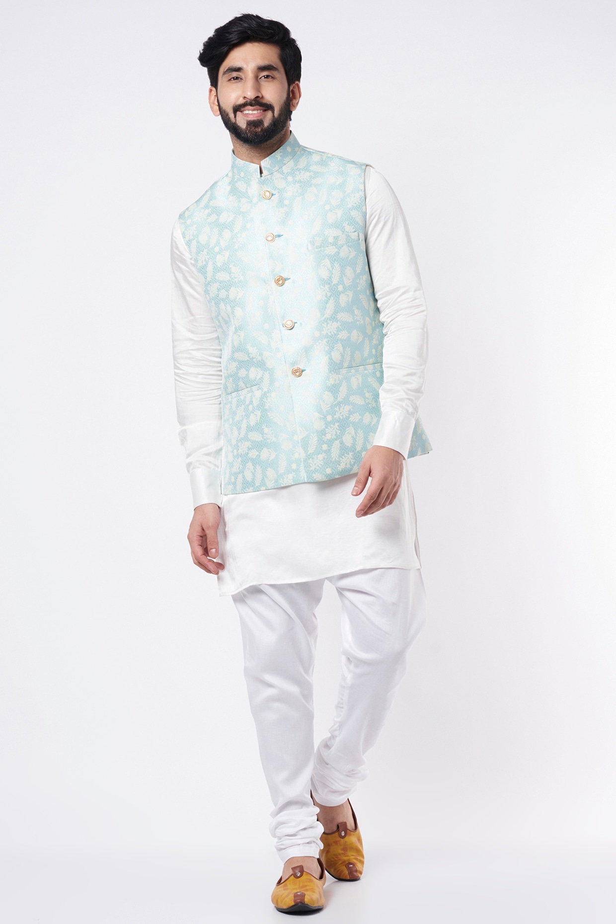 Men Blue and White Printed Kurta with Pyjamas with Nehru Jacket