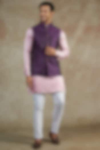 Purple Brocade Printed Bundi Jacket With Kurta Set by Spring Break Men