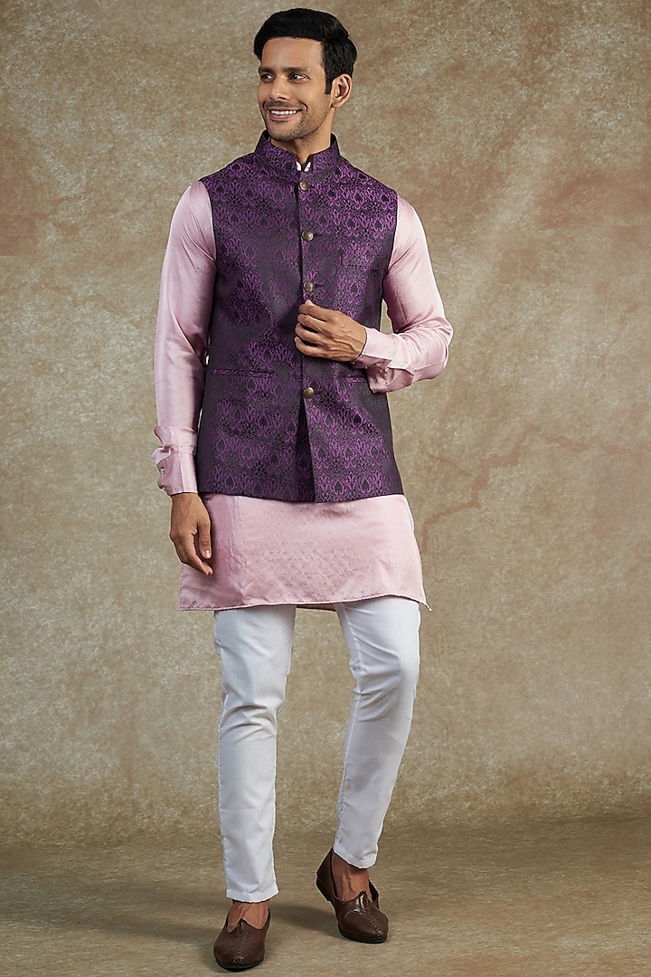 Purple Brocade Printed Bundi Jacket With Kurta Set by Spring Break Men