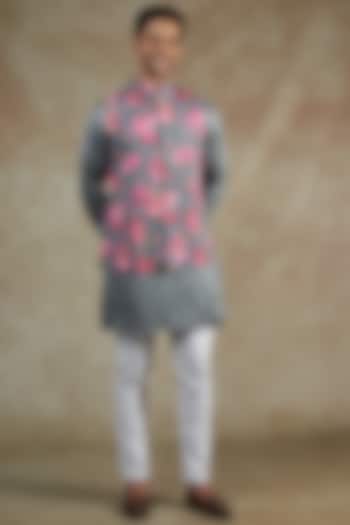 Grey Cotton Printed Bundi Jacket With Kurta Set by Spring Break Men