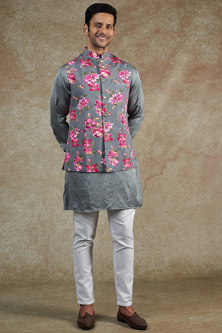 Grey Cotton Printed Bundi Jacket With Kurta Set by Spring Break Men