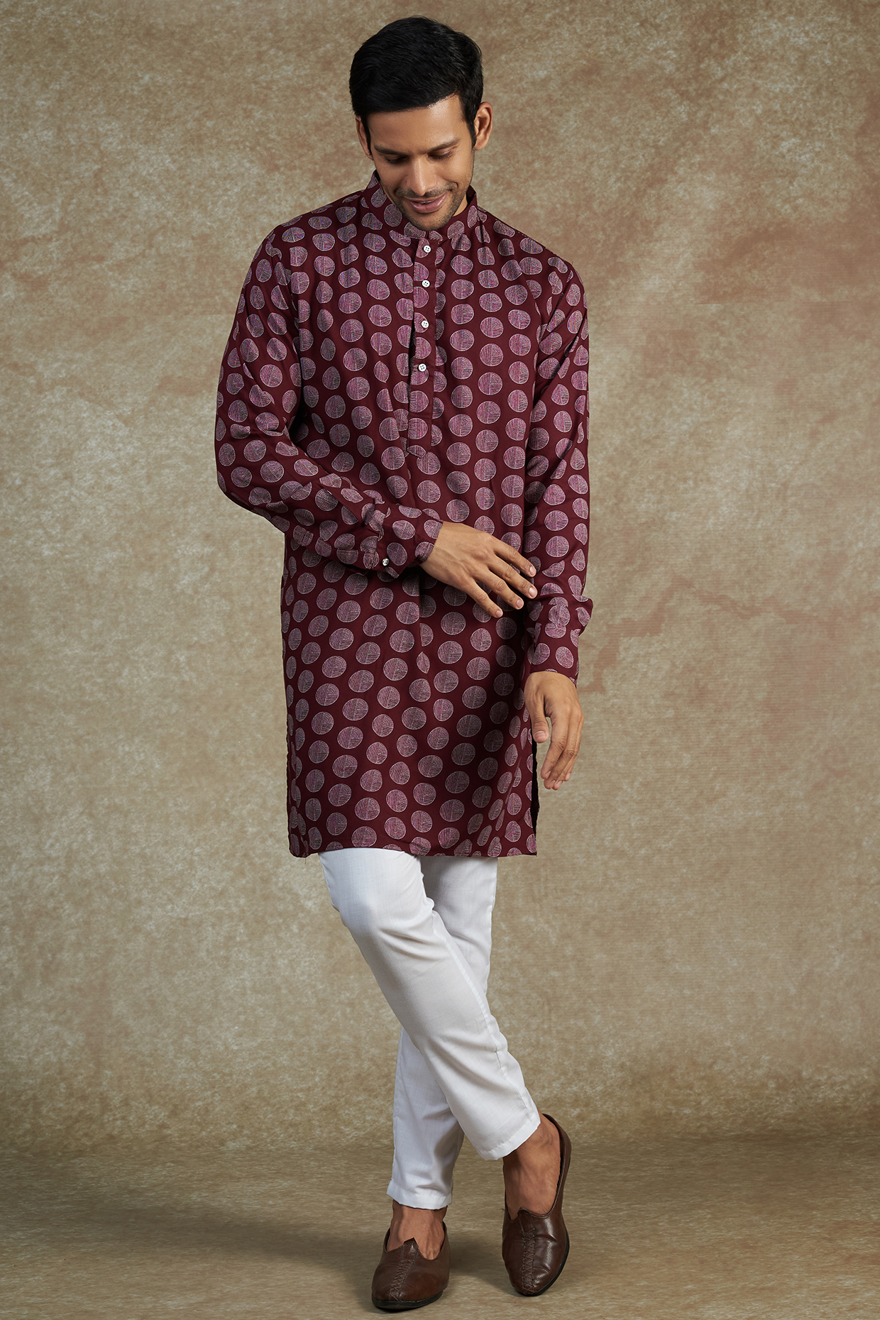 Maroon Cotton Printed Kurta Set by Spring Break Men