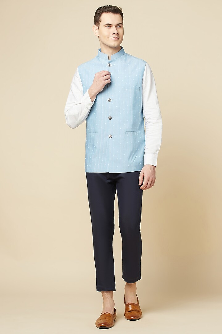 Sky Blue Cotton Embroidered Bundi Jacket by Spring Break Men