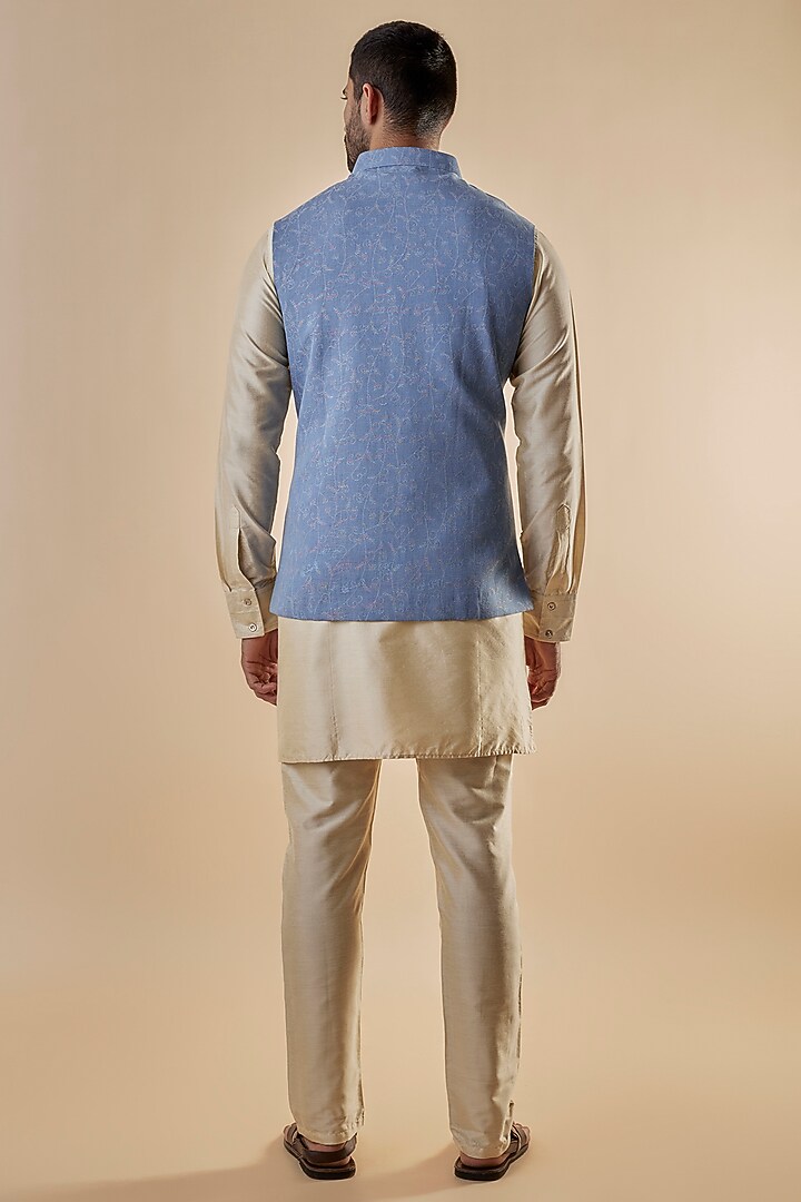 Blue Denim Printed Bundi Jacket Set by Spring Break Men at Pernia's Pop Up Shop