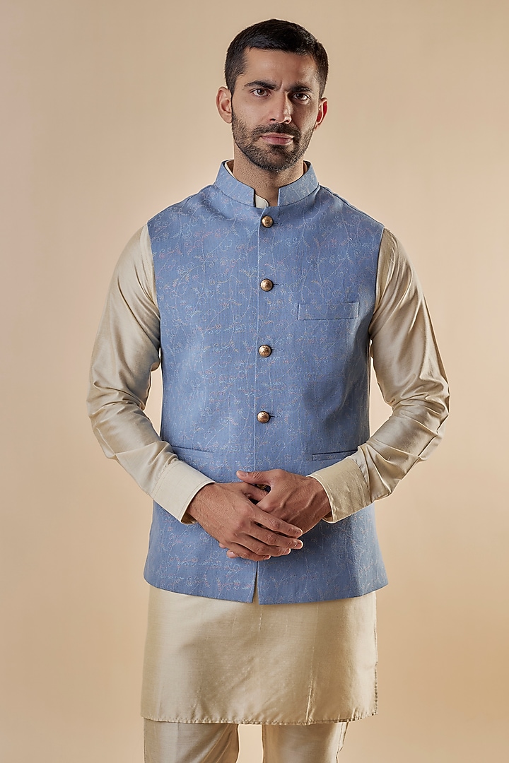 Blue Denim Printed Bundi Jacket Set by Spring Break Men at Pernia's Pop Up Shop