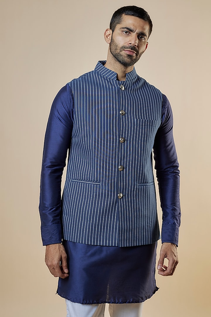 Blue Denim Stripe Printed Bundi Jacket by Spring Break Men