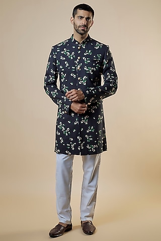 Black Rayon Floral Printed Sherwani Set by Spring Break Men