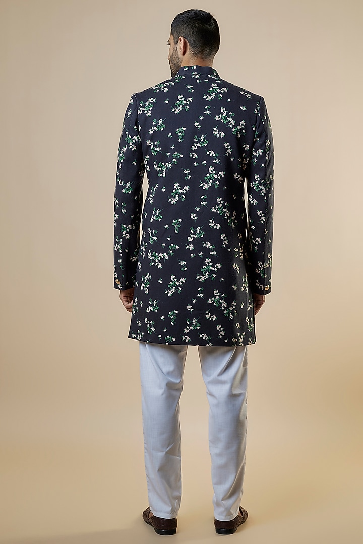 Black Rayon Floral Printed Sherwani Set by Spring Break Men at Pernia's Pop Up Shop