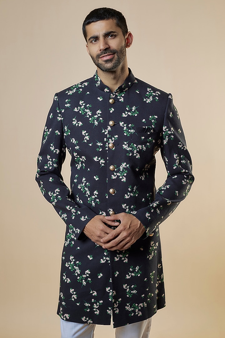 Black Rayon Floral Printed Sherwani Set by Spring Break Men at Pernia's Pop Up Shop