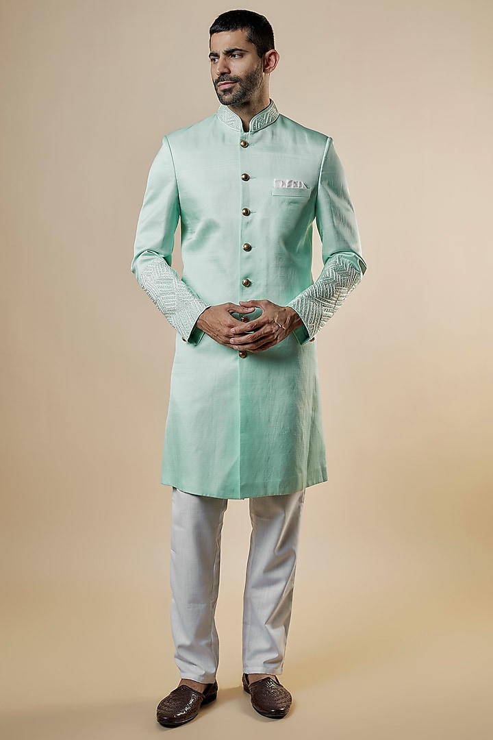 Mint Green Linen Satin Applique Embroidered Sherwani Set by Spring Break Men